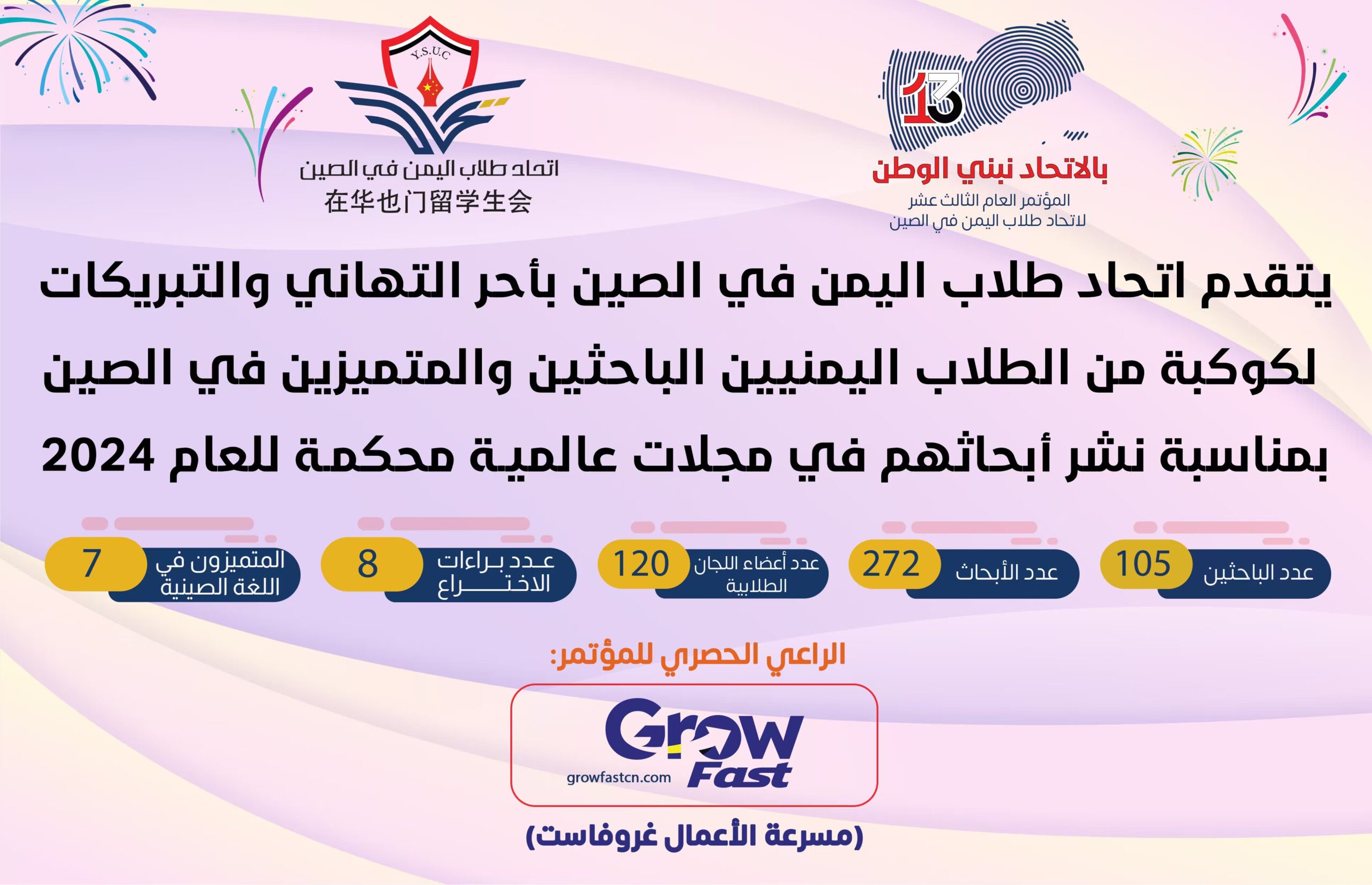 تهنئة اتحاد طلاب اليمن في الصين للباحثين وأصحاب براءات الاختراع والمتميزين في اللغة الصينية خلال العام 2024م"